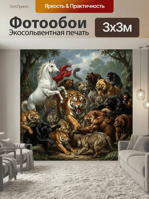 Фотообои Схватка зверей и белого скакуна. Напряжённая иллюстрация лесной чащи: светлый скакун, тигры, медведи, волки и…