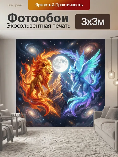 Фотообои Лев и крылатый волк в космосе. Фантазийная композиция: огненный зверь и ледяной крылатый хищник напротив друг…