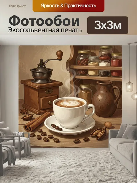 Фотообои Уютная кофейная композиция. Тёплая интерьерная сцена в коричнево-бежевых тонах: чашка с латте, кофемолка, спе…