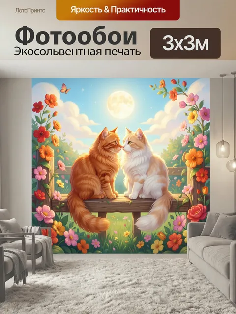 Фотообои Два пушистых кота в саду. Мягкая иллюстрация: рыжий и бело-рыжий домашние питомцы сидят на деревянной скамье …