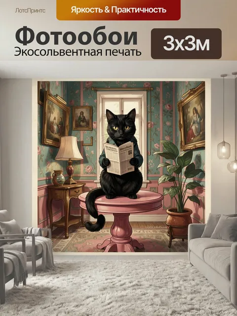 Фотообои Чёрный кот с книгой в интерьере. Аристократичный чёрный кот с жёлтыми глазами держит раскрытое издание в уютн…