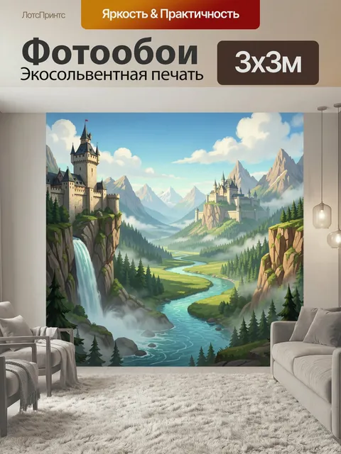 Фотообои Сказочный замок в горах. Фэнтезийная панорама с крепостями на скалах, водопадом и извилистой рекой в долине. …