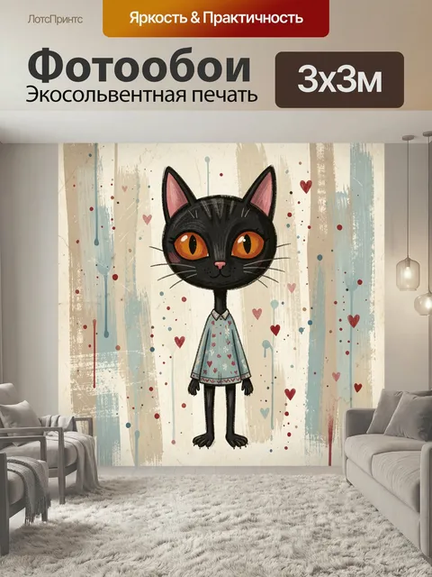 Фотообои Черный кот в одежде. Милый антропоморфный котенок с большими янтарными глазами, в голубом наряде с сердечками…