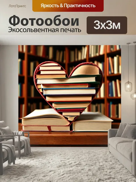 Фотообои Сердце, сделанное из старых книг, раскрытых и сложенных вместе, на фоне уютного уголка библиотеки