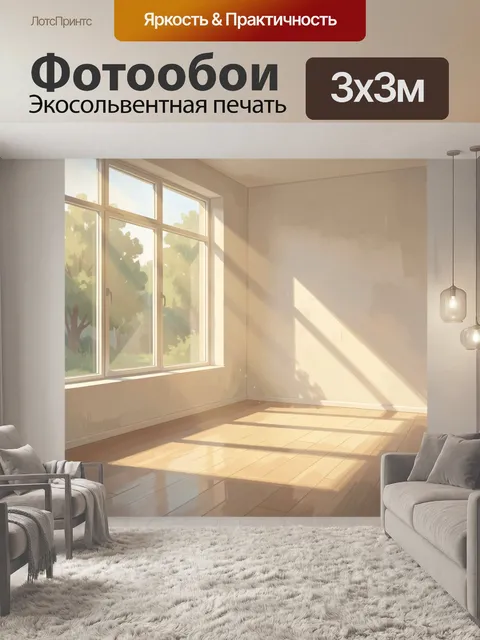 Фотообои Солнечная комната с большими окнами. Пустое светлое помещение в мягких бежевых тонах, залитое теплыми лучами …