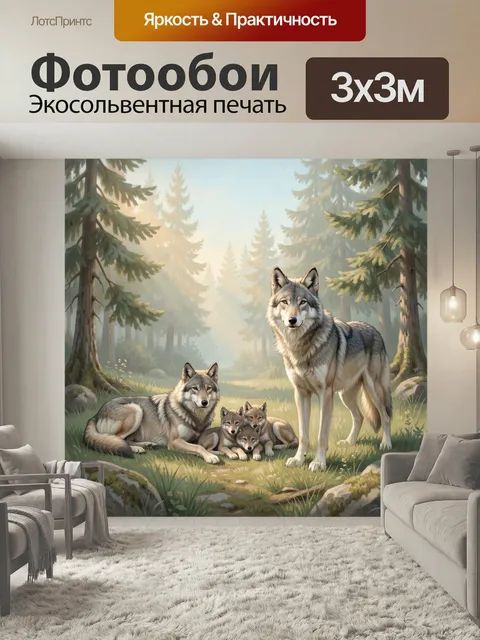 Фотообои Семья волков в лесу. Реалистичная лесная сцена с серыми хищниками: взрослая пара и четыре волчонка среди сосе…