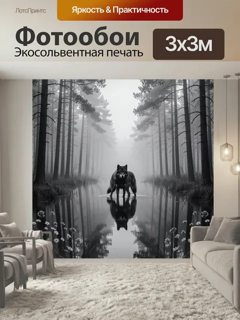 Фотообои Волк в туманном лесу. Одинокий хищник стоит в зеркальной воде среди высоких сосен и густого тумана. Монохромн…