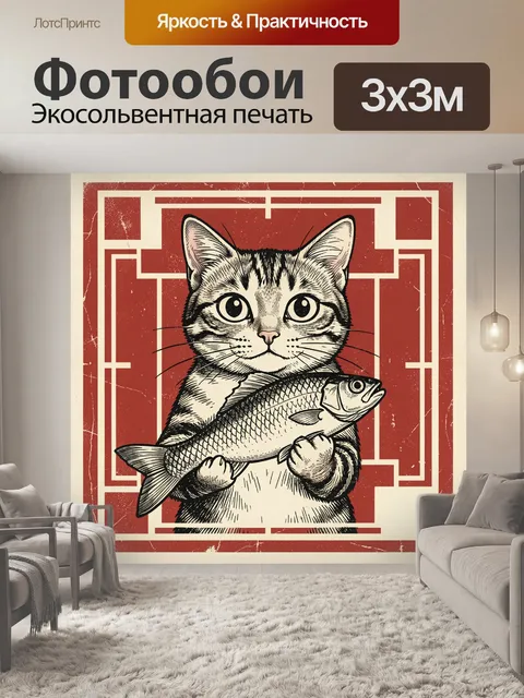 Фотообои Кот с большой рыбой. Иллюстрация полосатого кота