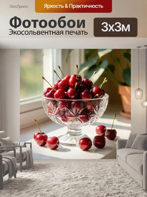 Фотообои Спелые вишни в хрустальной чаше. Яркий натюрморт у окна: рубиновые косточковые плоды в прозрачной резной вазе…