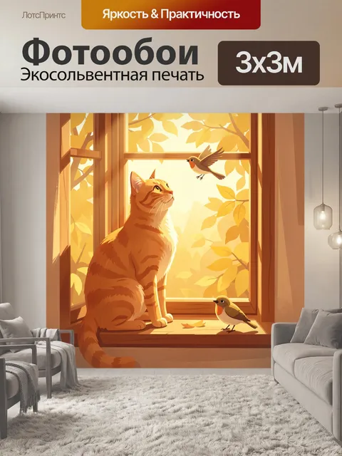 Фотообои Рыжий кот у окна с птицами