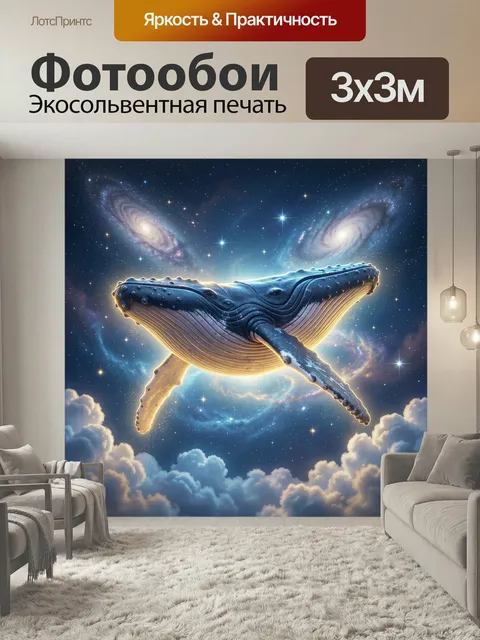 Фотообои Кит в космическом небе. Фантастический морской исполин парит среди звезд и галактик над облаками. Сине-голуба…