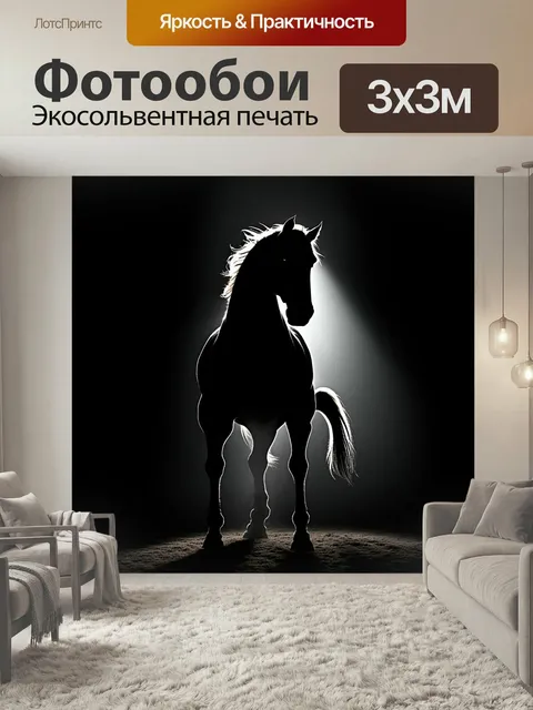 Фотообои Силуэт лошади, стоящей на задних ногах, на фоне сильного контраста света и тени