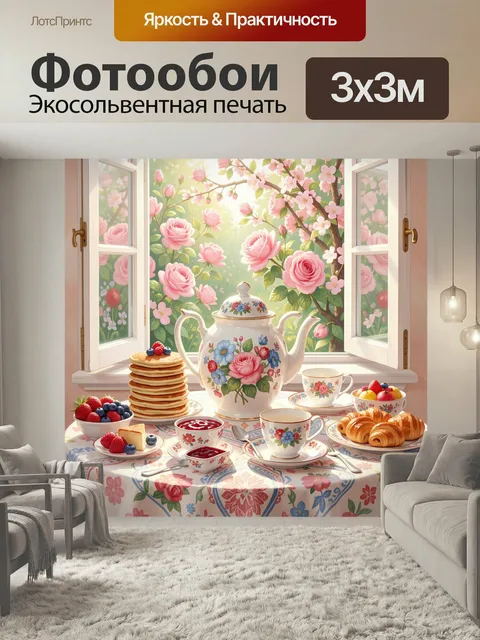 Фотообои Цветочный завтрак у окна. Уютная утренняя сервировка с фарфоровым чайником, чашками, блинами, ягодами и круас…