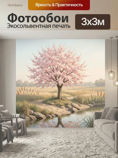 Фотообои Цветущее дерево у тихого ручья. Нежная весенняя сцена в пастельных оттенках: розовое цветение, спокойная вода…