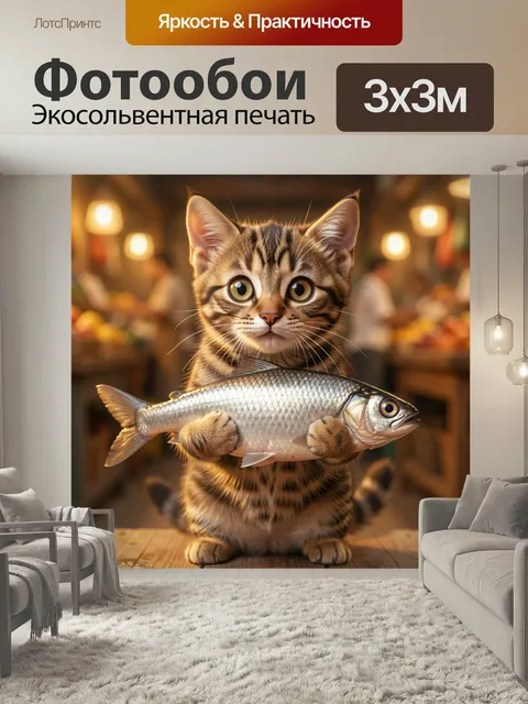 Фотообои Полосатый котенок с рыбой. Милый табби держит серебристую рыбку лапами на деревянном столе. Крупный план, реа…