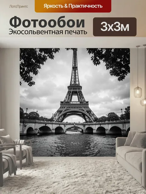 Фотообои Эйфелева башня над Сеной. Парижский городской пейзаж в чёрно-белой гамме: изящная металлическая башня, каменн…