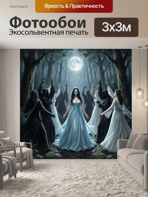 Фотообои Мистическое собрание в чаще. Фэнтезийная ночная сцена: девушка в голубом платье и маске среди людей в черных …