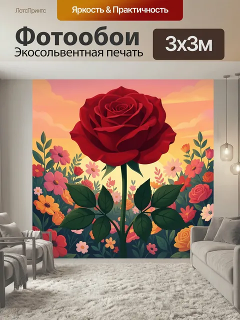 Фотообои Красная роза в цветущем поле