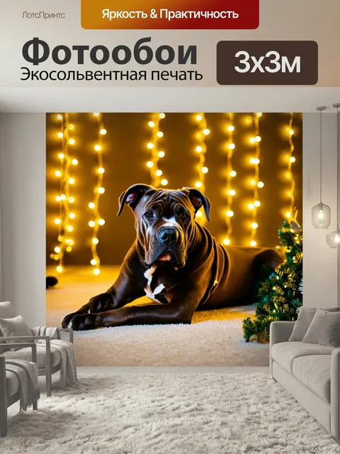 Фотообои Собака лежит на полу, порода коне корсо, обернута гирляндой с желтыми огоньками, на фоне стены с висящими гир…