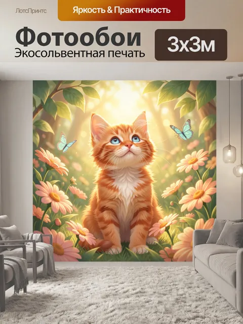Фотообои Рыжий котёнок в цветах. Милый маленький рыжий зверёк с голубыми глазами среди нежных ромашек и бабочек, сказо…