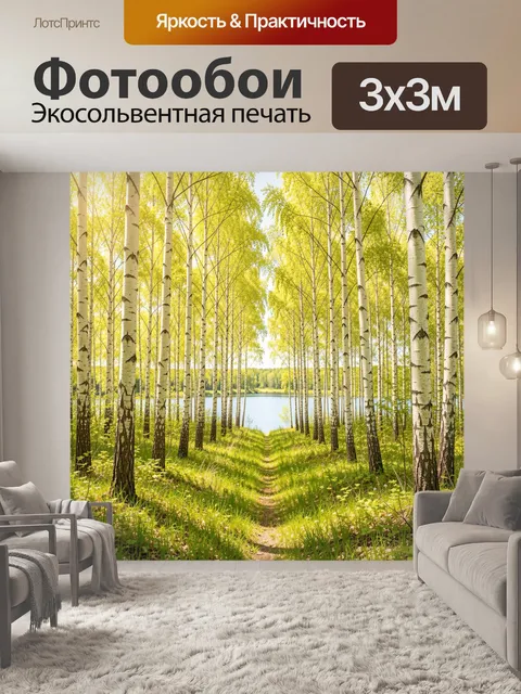 Фотообои Берёзовая роща у озера. Солнечный лесной пейзаж с высокими белоствольными деревьями, зелёной травой и тропинк…