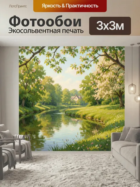 Фотообои Весенний парк у реки. Живописный пасторальный пейзаж в мягких зелёных и голубых тонах: извилистая вода, цвету…