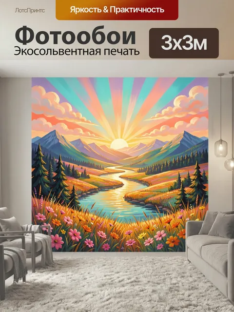 Фотообои Горная долина с рекой на рассвете. Живописный альпийский ландшафт с извилистым ручьем, хвойным лесом, цветущи…